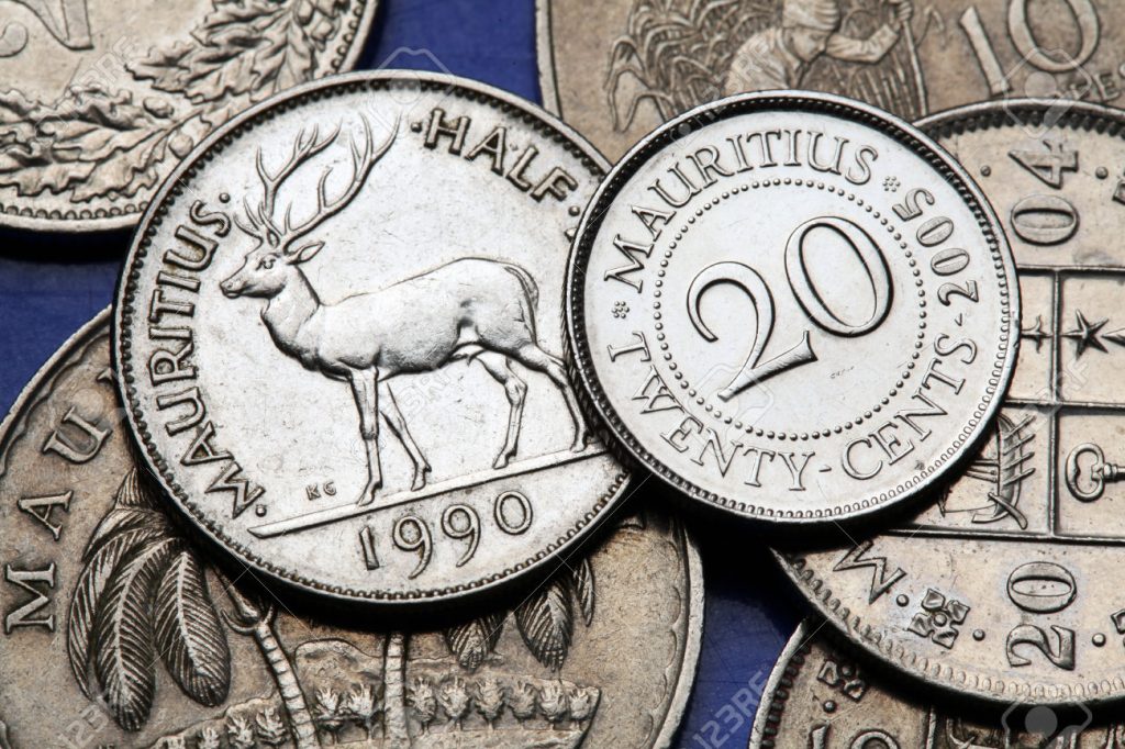 Coins of Mauritius. Mauritian rusa deer (Rusa timorensis) depicted in the Mauritian half rupee coin and the Mauritian 20 cents coin.