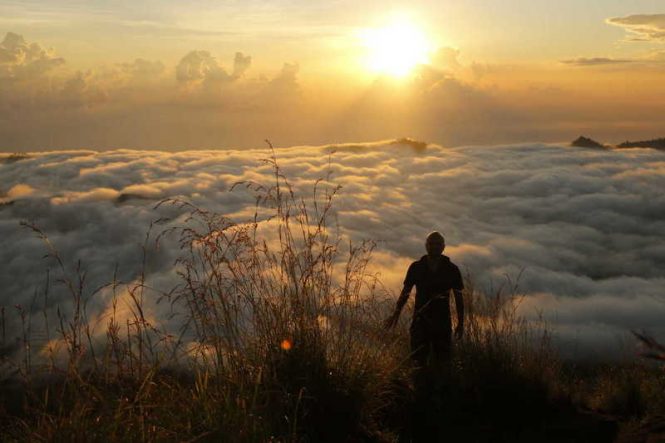 A Man standing between the clouds at sunrise point